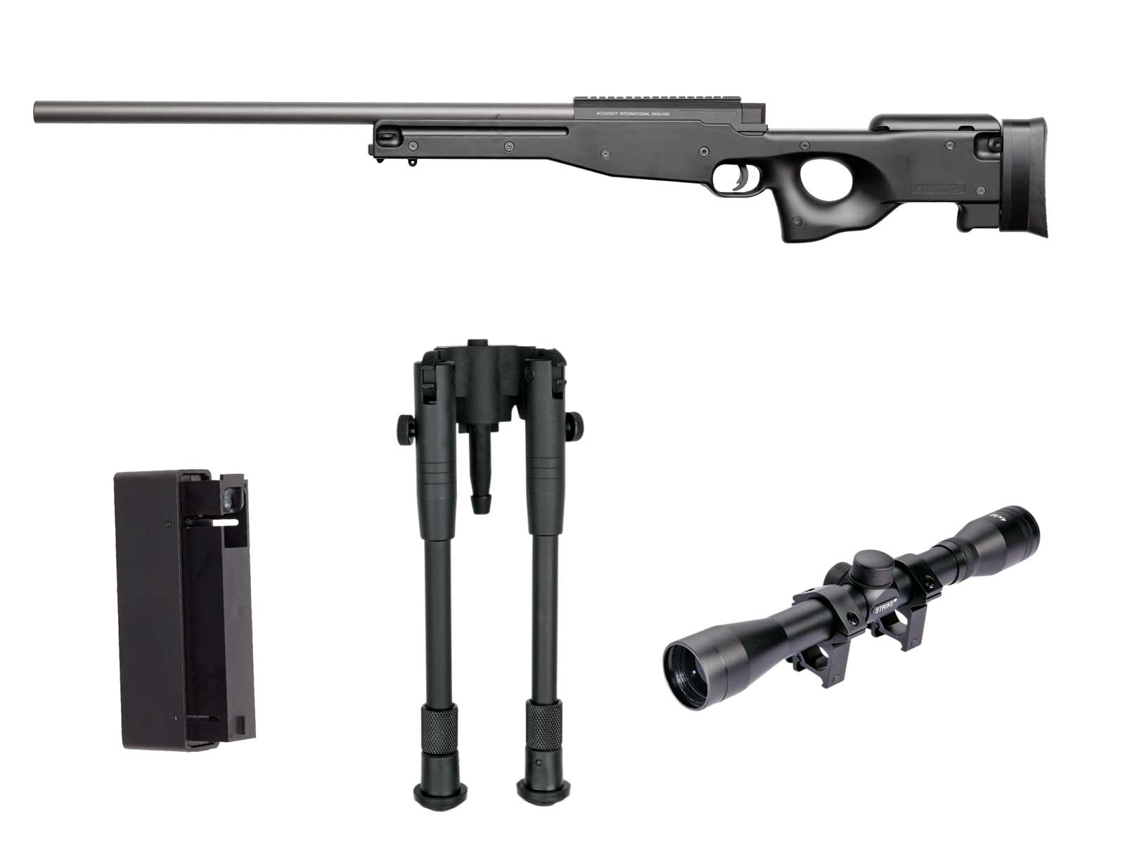 Pack airsoft sniper type AW308 + scope 4 x 32 + bipod + silencer